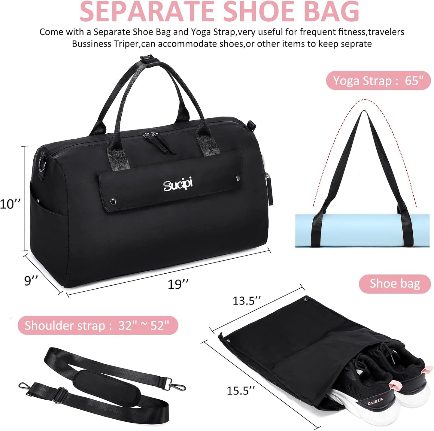 Small Duffle Bag with Wet Pocket & Shoes Bag, Sports Gym Bag, Travel Duffle Bag for Men, Women, Girls and Kids, Lightweight and Waterproof(Black)