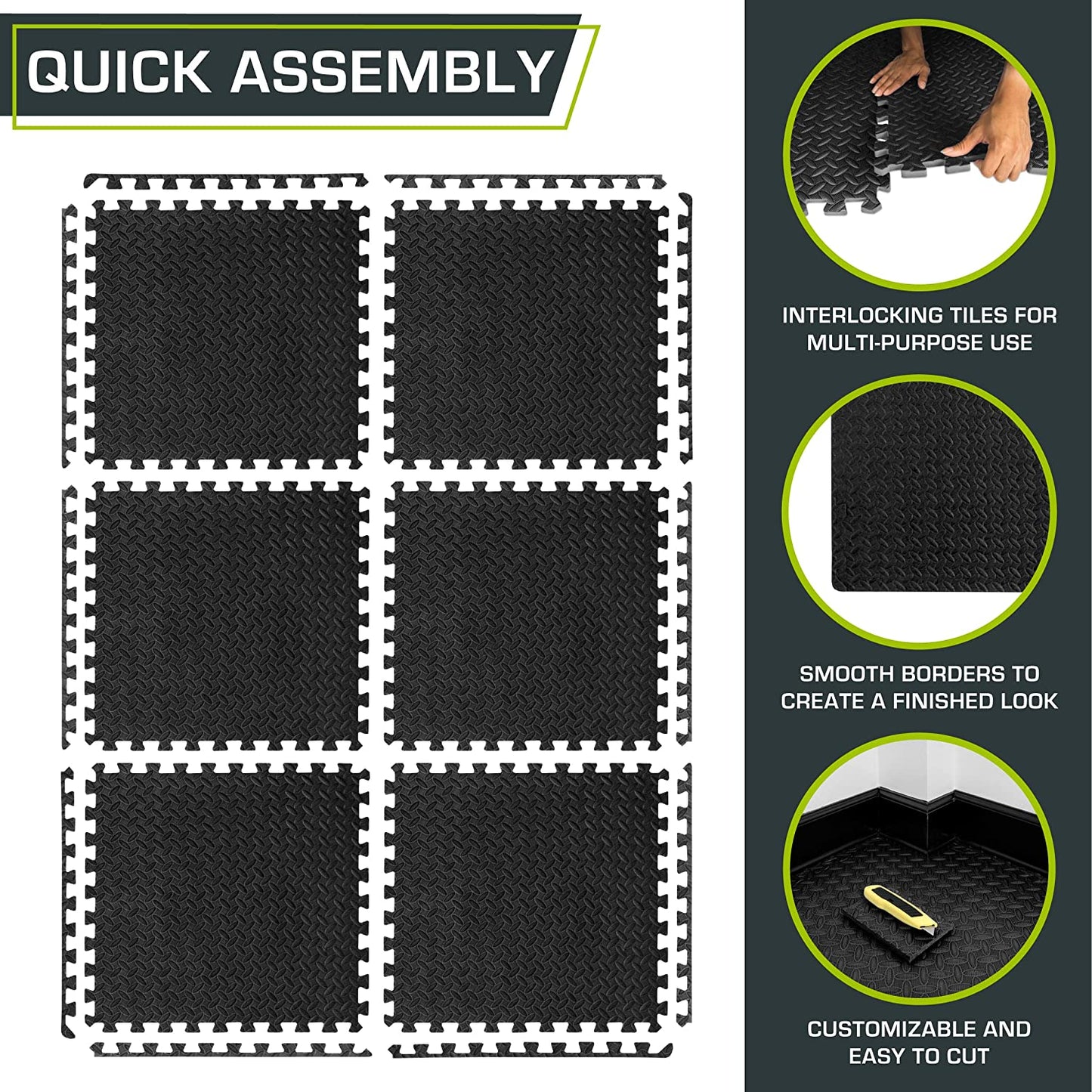 Puzzle Exercise Mat ½ In, EVA Interlocking Foam Floor Tiles for Home Gym, Mat for Home Workout Equipment, Floor Padding for Kids, Black, 24 in X 24 in X ½ In, 48 Sq Ft - 12 Tiles