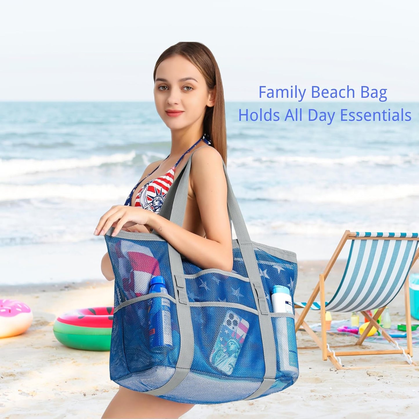 Mesh Beach Bag Family - Large Tote Bag for Cruise Pool Toys Beach Vacation Essentials