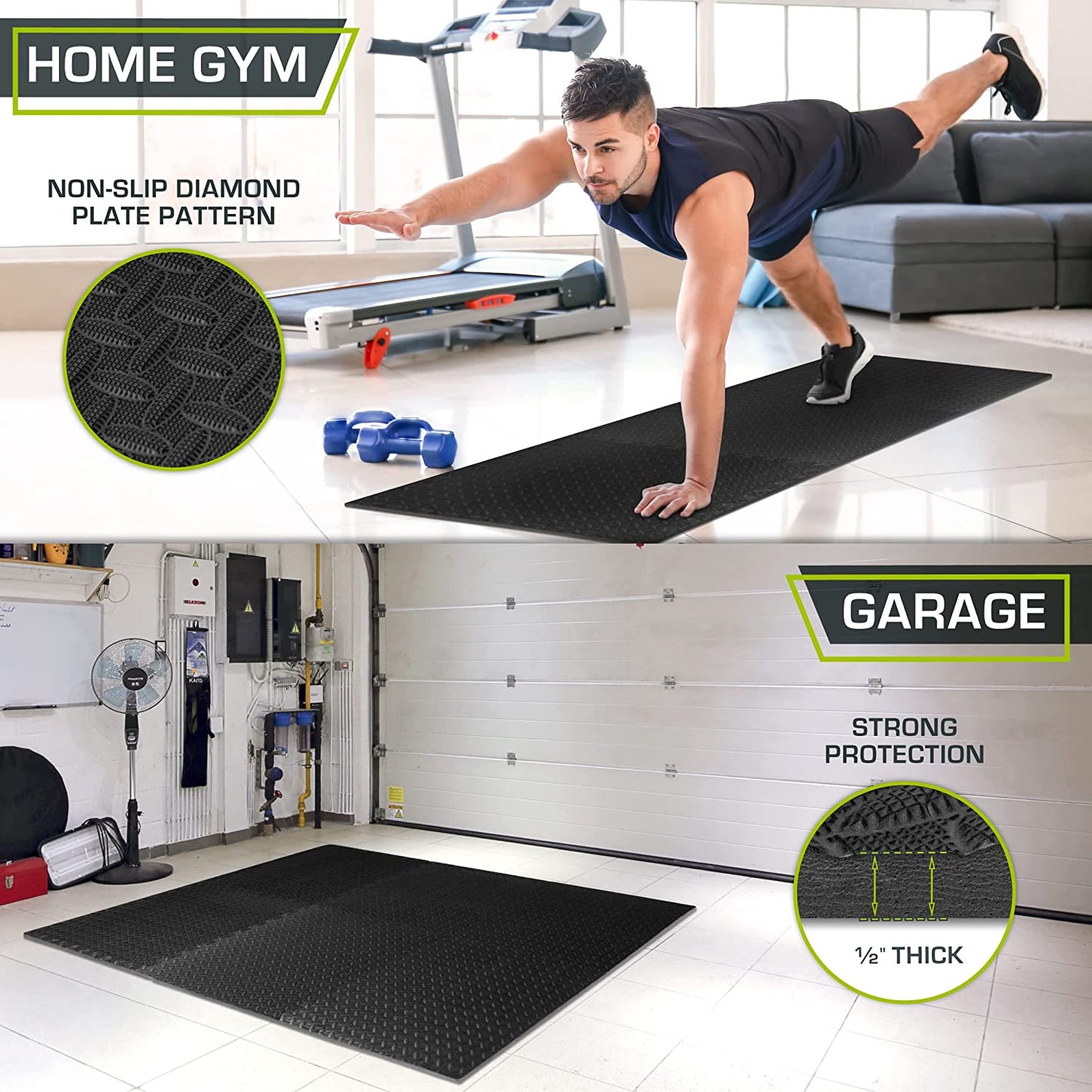 Puzzle Exercise Mat ½ In, EVA Interlocking Foam Floor Tiles for Home Gym, Mat for Home Workout Equipment, Floor Padding for Kids, Black, 24 in X 24 in X ½ In, 48 Sq Ft - 12 Tiles