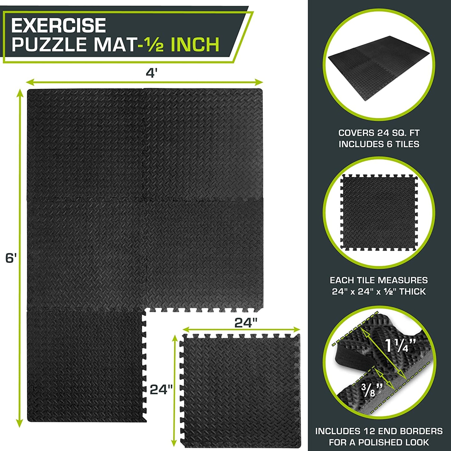 Puzzle Exercise Mat ½ In, EVA Interlocking Foam Floor Tiles for Home Gym, Mat for Home Workout Equipment, Floor Padding for Kids, Black, 24 in X 24 in X ½ In, 48 Sq Ft - 12 Tiles