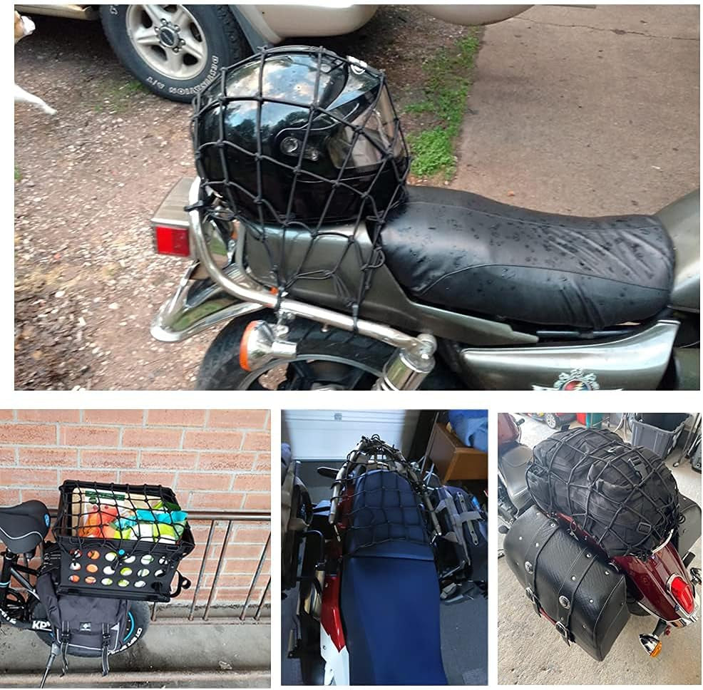 Black 15"X15" Motorcycle Cargo Net Featuring 6 Adjustable Hooks & Tight 2''X2'' Mesh Stretch up to 30'' X 30'' for Cargo Helmet Net