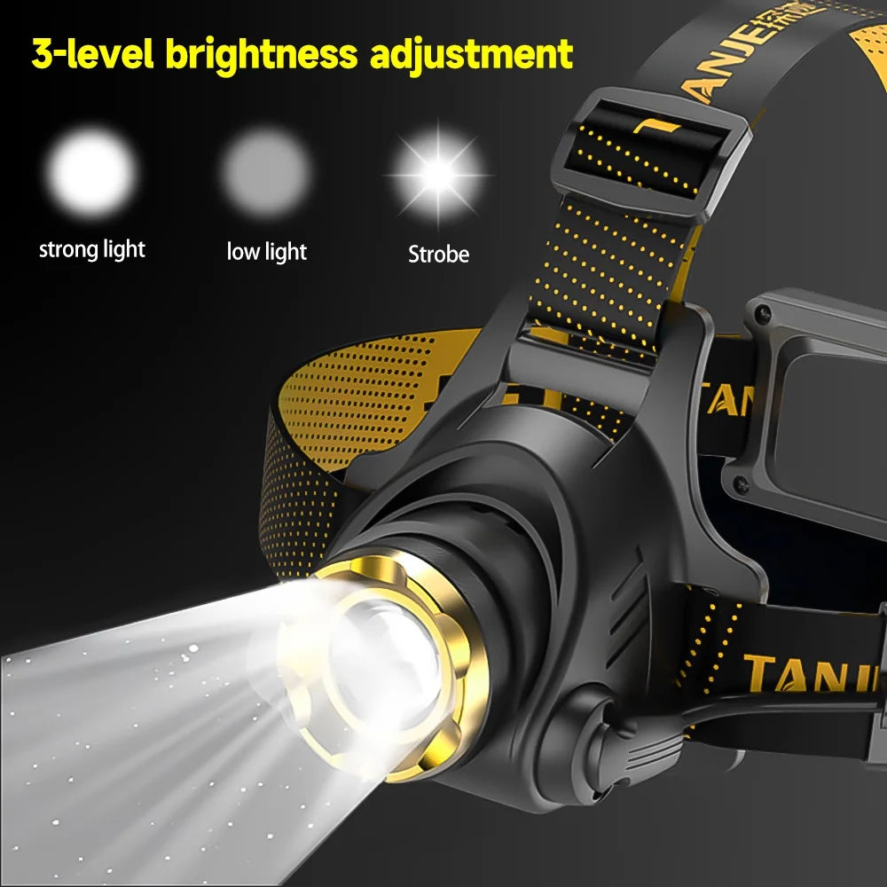 LED Rechargeable Headlamp with 2 USB Cable, 9900 Lumen Ultra Bright Searchlight with 3 Modes, 90° Adjustable for Outdoor Camping, Running, Cycling,Climbing