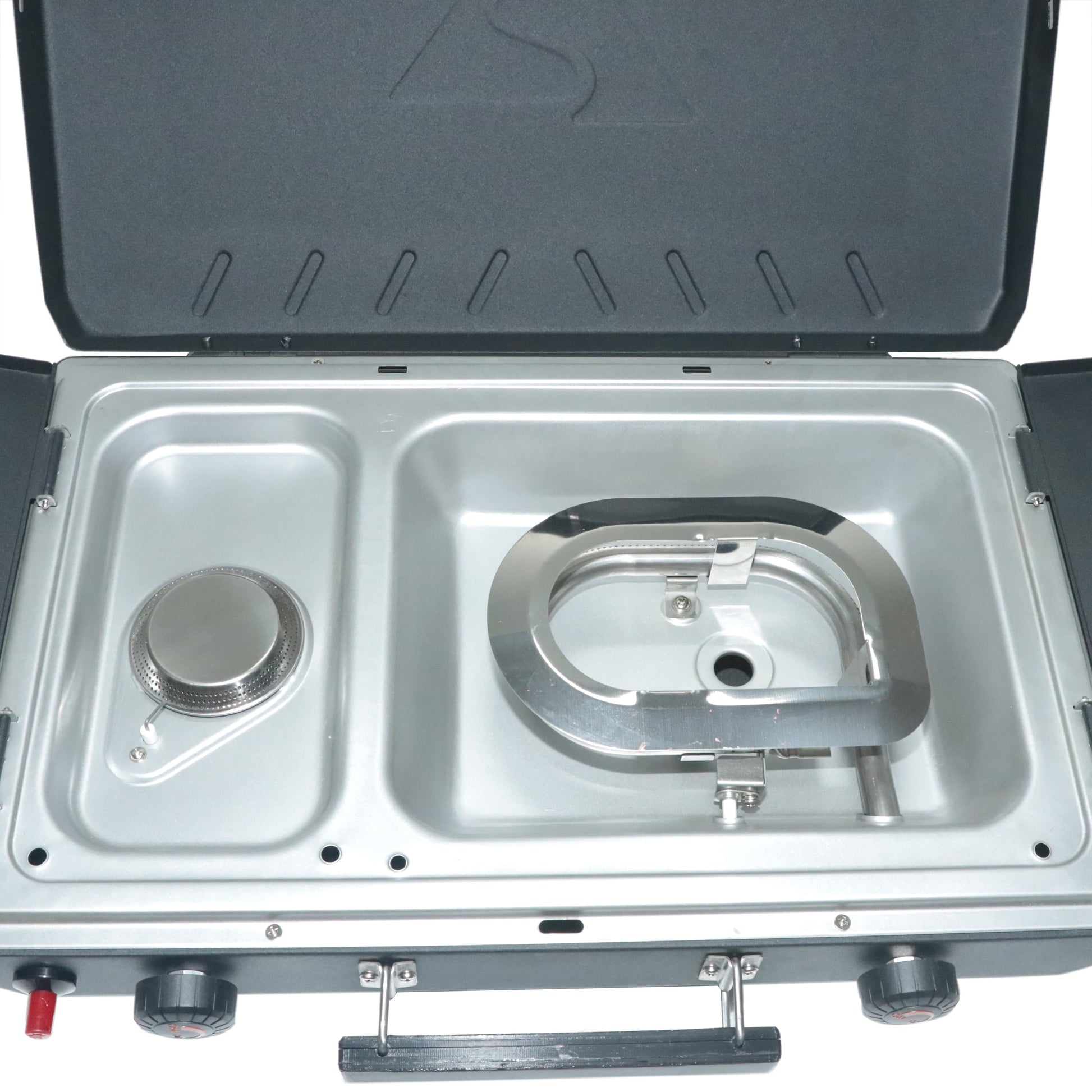 2 Burner Black Propane 2-In-1 Portable Camp Stove and Grill, Model GCT2220WB, New