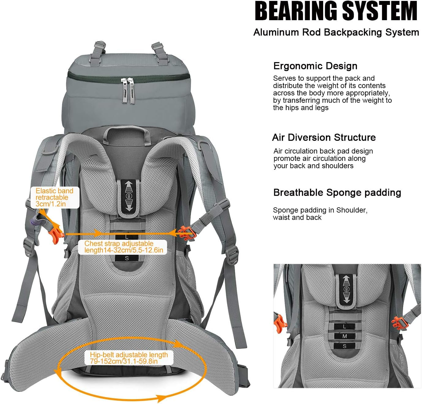 70L Internal Frame Hiking Backpack for Men Women with Rain Cover, 29.9 * 13 * 10.2In, Gray