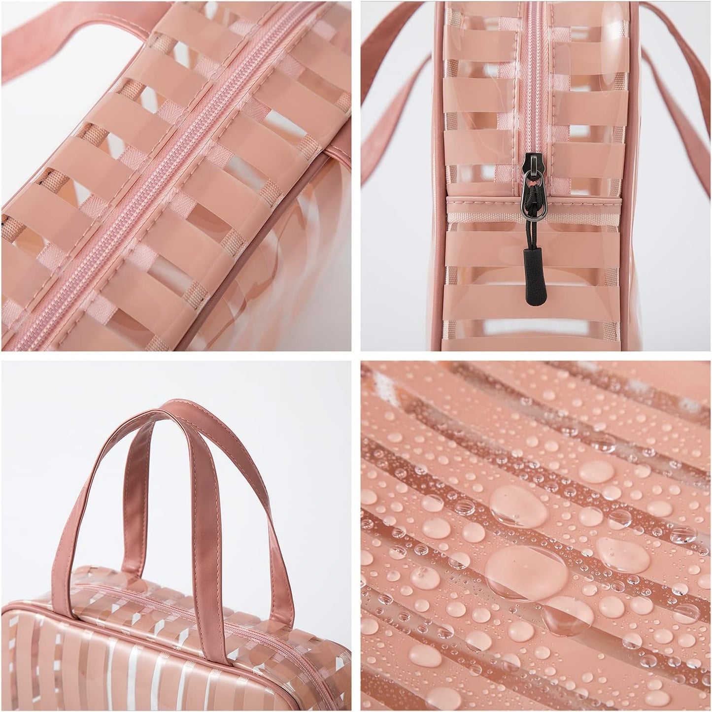 Clear Toiletry Bag Handle Travel Makeup Organizer Bag，Thick PVC Zippered Carry Pouch Waterproof Wash Bag Shoulder Bag Beach Bag (Pink)
