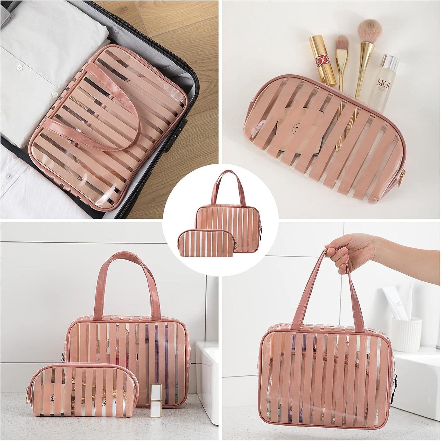 Clear Toiletry Bag Handle Travel Makeup Organizer Bag，Thick PVC Zippered Carry Pouch Waterproof Wash Bag Shoulder Bag Beach Bag (Pink)