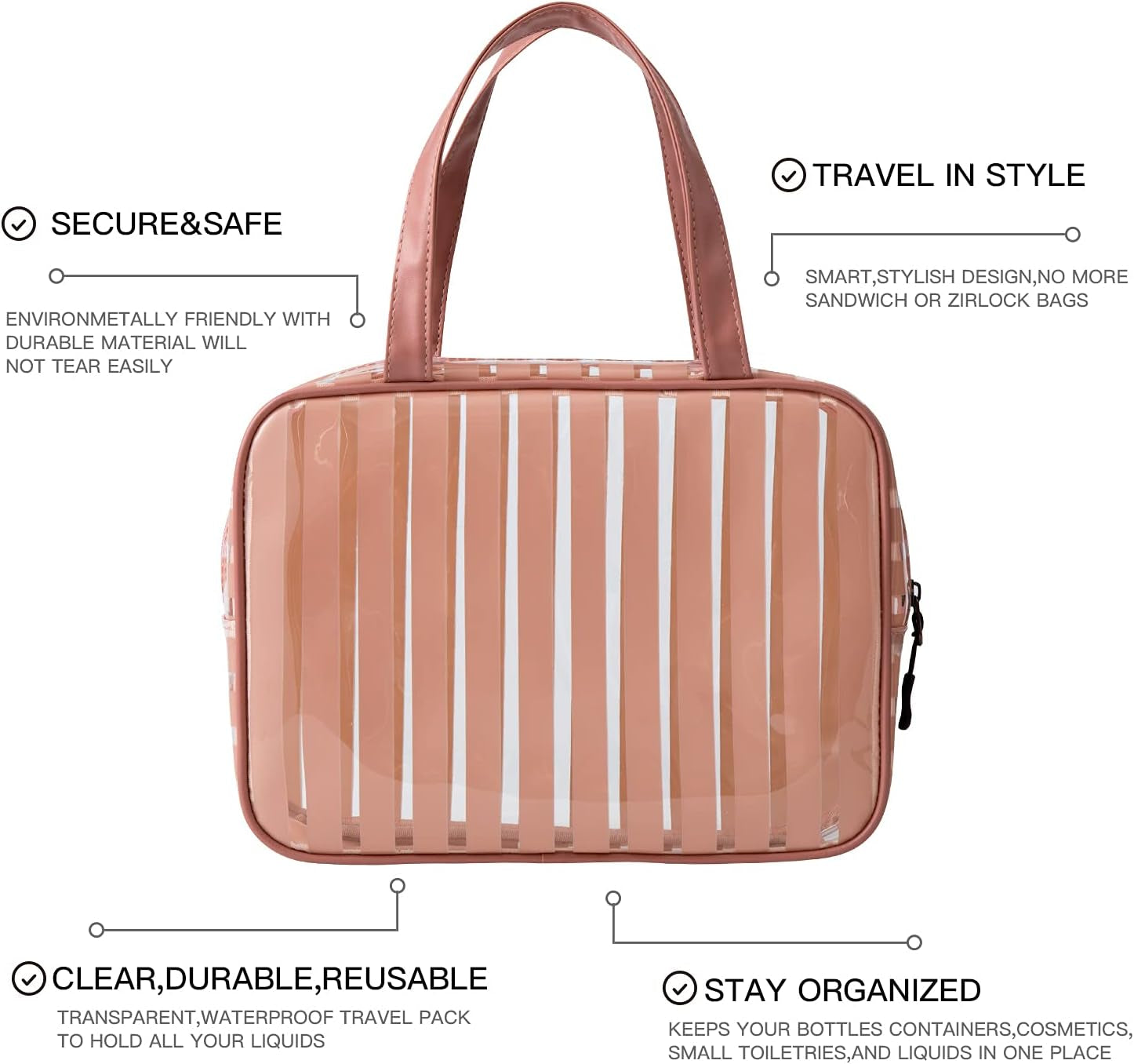 Clear Toiletry Bag Handle Travel Makeup Organizer Bag，Thick PVC Zippered Carry Pouch Waterproof Wash Bag Shoulder Bag Beach Bag (Pink)