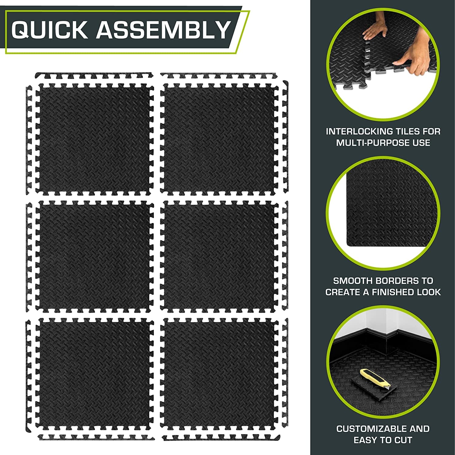 Puzzle Exercise Mat ½ In, EVA Interlocking Foam Floor Tiles for Home Gym, Mat for Home Workout Equipment, Floor Padding for Kids, Black, 24 in X 24 in X ½ In, 48 Sq Ft - 12 Tiles