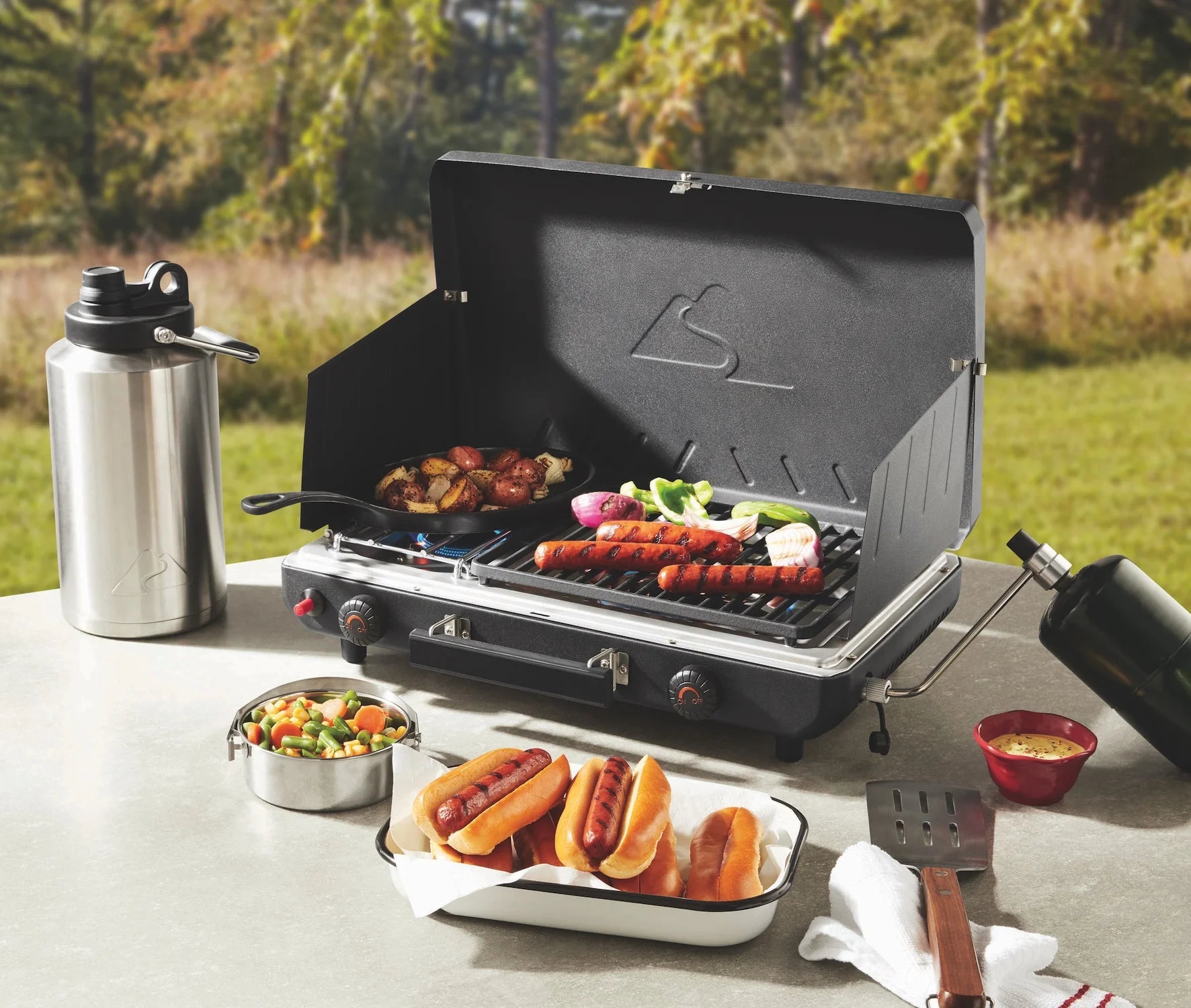 2 Burner Black Propane 2-In-1 Portable Camp Stove and Grill, Model GCT2220WB, New