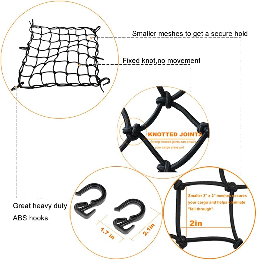 Black 15"X15" Motorcycle Cargo Net Featuring 6 Adjustable Hooks & Tight 2''X2'' Mesh Stretch up to 30'' X 30'' for Cargo Helmet Net