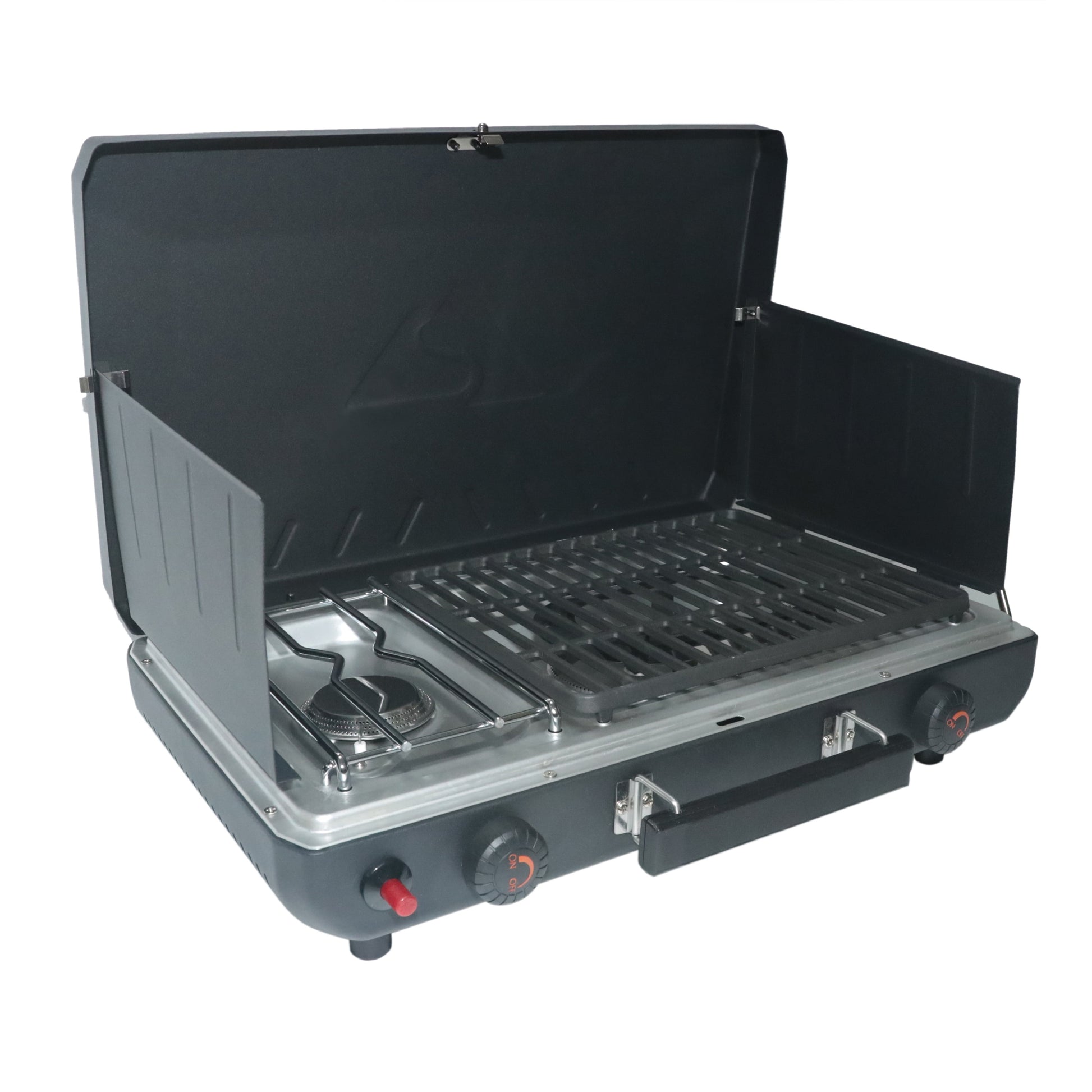 2 Burner Black Propane 2-In-1 Portable Camp Stove and Grill, Model GCT2220WB, New