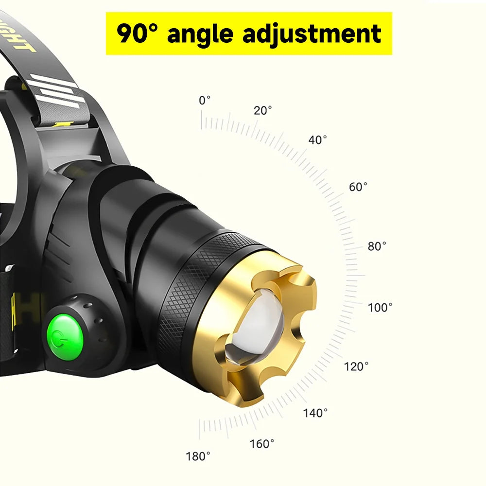 LED Rechargeable Headlamp with 2 USB Cable, 9900 Lumen Ultra Bright Searchlight with 3 Modes, 90° Adjustable for Outdoor Camping, Running, Cycling,Climbing