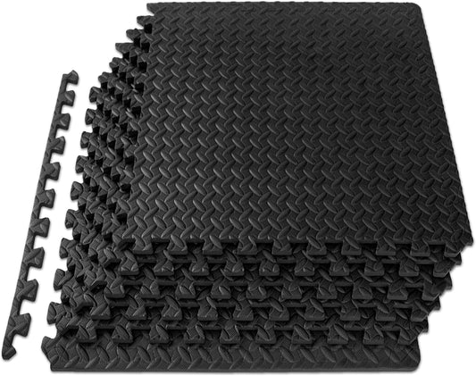 Puzzle Exercise Mat ½ In, EVA Interlocking Foam Floor Tiles for Home Gym, Mat for Home Workout Equipment, Floor Padding for Kids, Black, 24 in X 24 in X ½ In, 48 Sq Ft - 12 Tiles