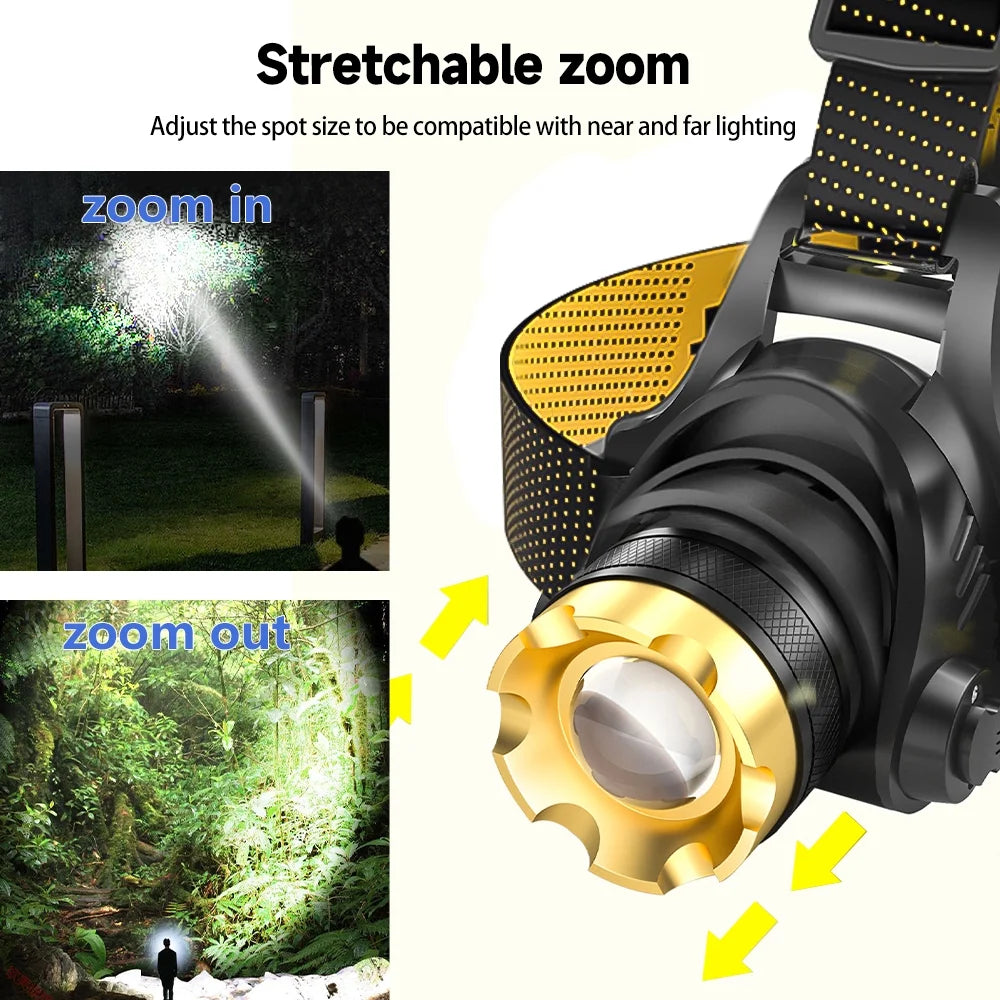 LED Rechargeable Headlamp with 2 USB Cable, 9900 Lumen Ultra Bright Searchlight with 3 Modes, 90° Adjustable for Outdoor Camping, Running, Cycling,Climbing