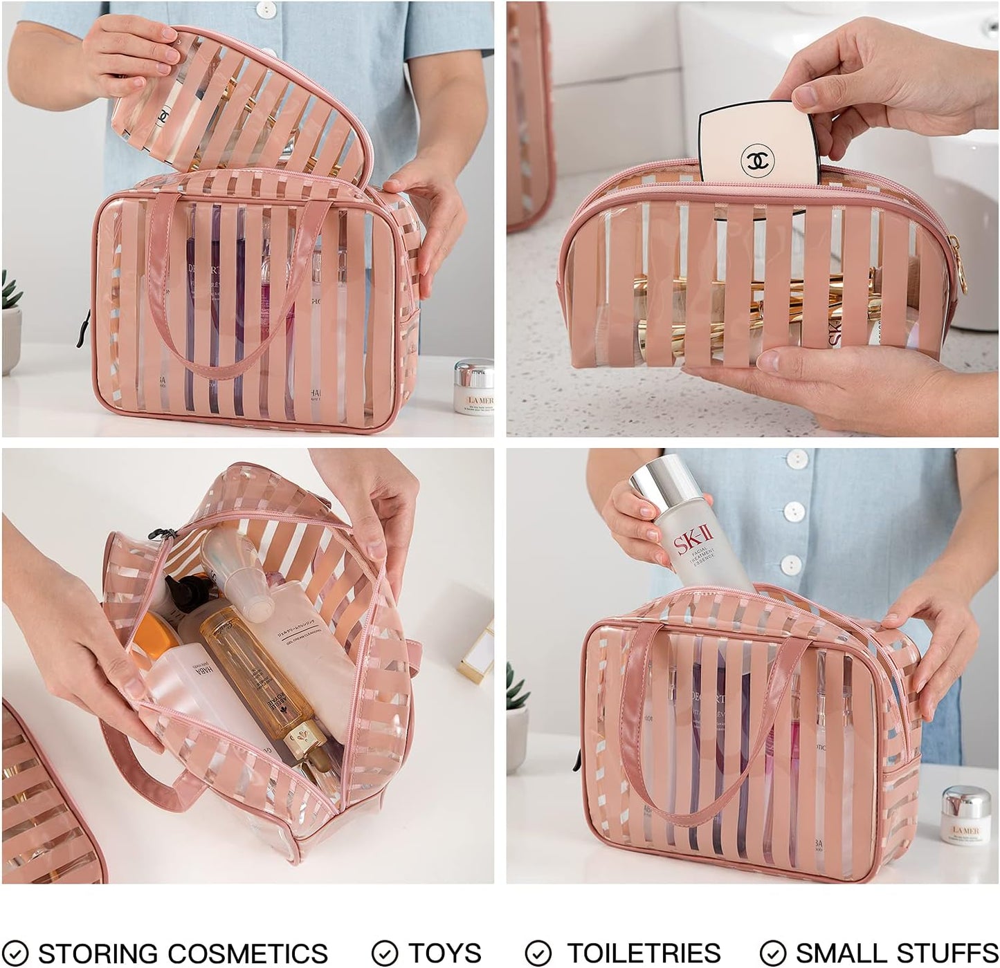 Clear Toiletry Bag Handle Travel Makeup Organizer Bag，Thick PVC Zippered Carry Pouch Waterproof Wash Bag Shoulder Bag Beach Bag (Pink)