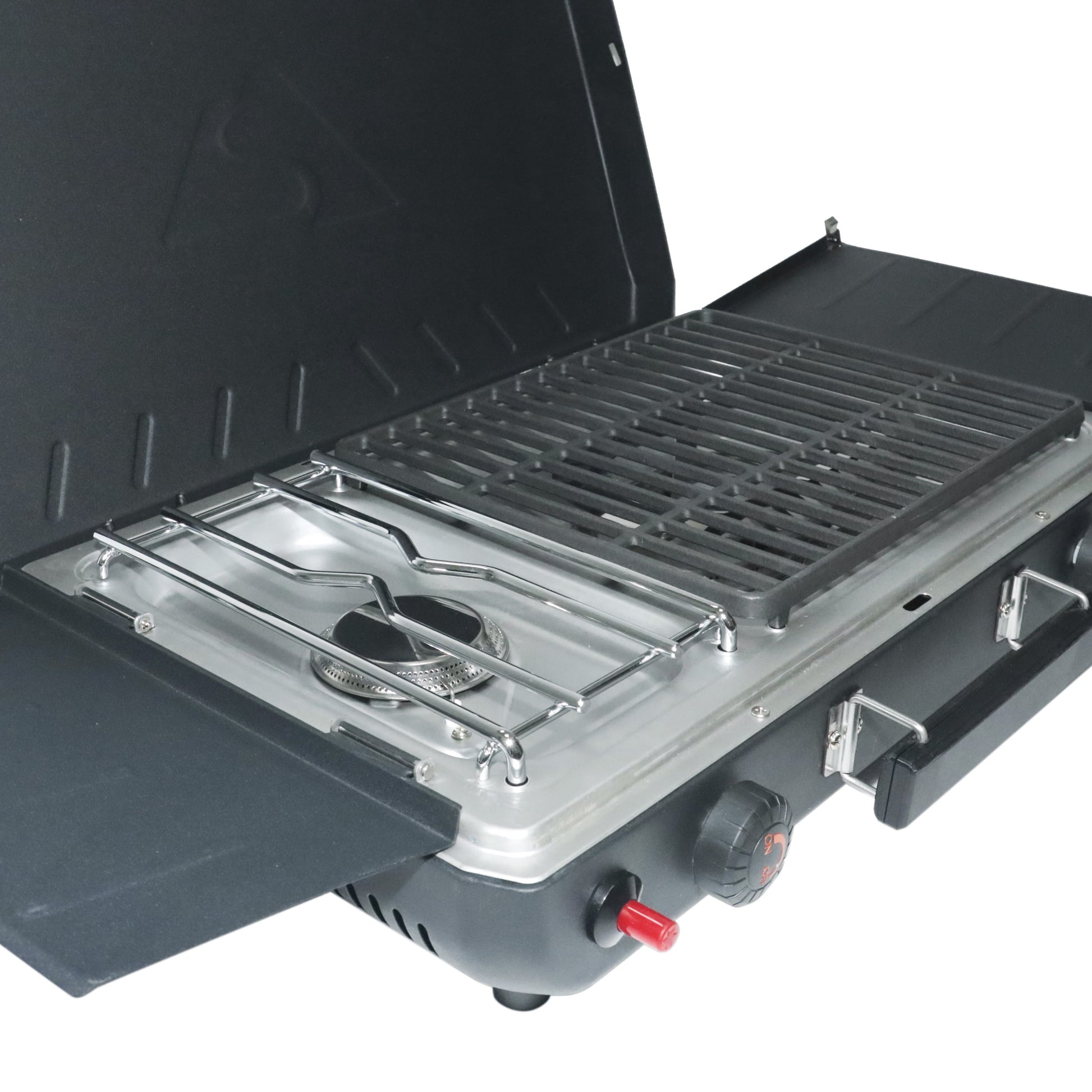 2 Burner Black Propane 2-In-1 Portable Camp Stove and Grill, Model GCT2220WB, New