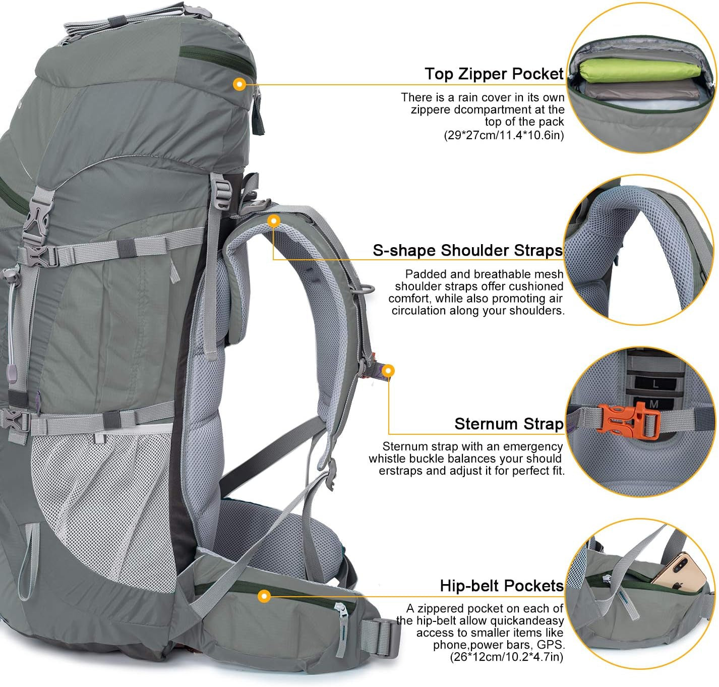 70L Internal Frame Hiking Backpack for Men Women with Rain Cover, 29.9 * 13 * 10.2In, Gray